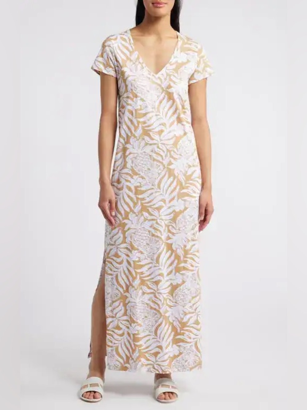 Lilly Pulitzer Etta Short Sleeve Maxi Dress Tropical Print Tan White Small